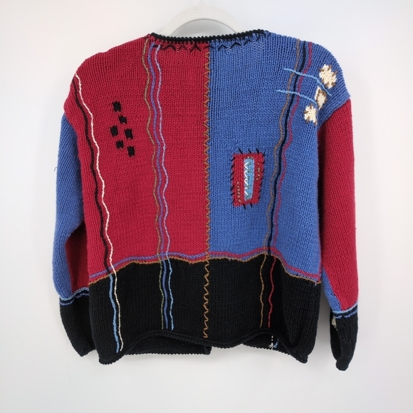 Icelandic Design Knit Cotton Cardigan Sweater Eclectic Patchwork Colorful Medium - Picture 2 of 7